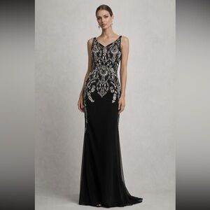 Aidan Mattox Black Maxi sleeveless Dress with Silver Detailing